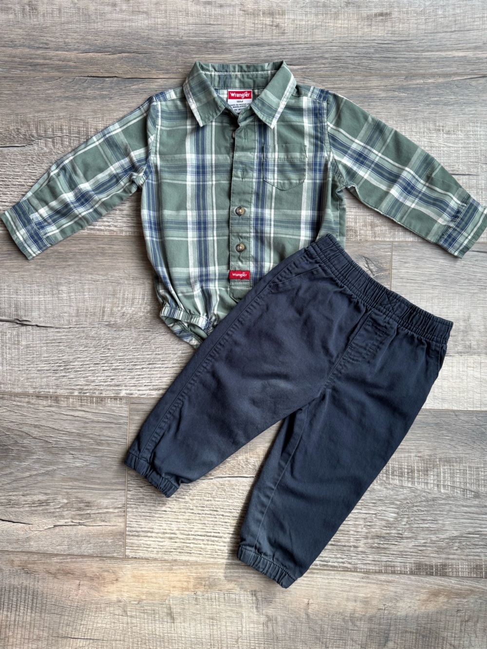 Wrangler Toddler Boy Outfit 18M Plaid Button Down Shirt + Pants Set Blue Green